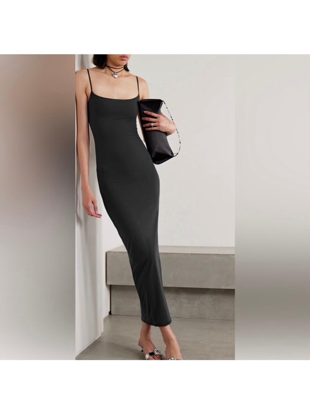 SKIMS Black Onyx Fitted Spaghetti Strap Maxi Slip Dress Size S